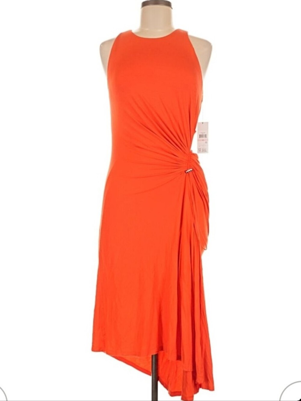 DKNY Sleeveless Orange Side-Ruched Midi Dress